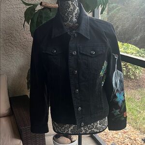 Chico's Black Jean Jacket with Floral Embroidery